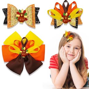 3Pcs Thanksgiving Glitter Hair Bows for Girls Turkey Headband Turban Baby Girls Cartoon Hair Bow Band Accessory
