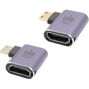 RIIEYOCA 90 Degree Right Angle 8K Mini HDMI to HDMI Adapter,48Gbps High Speed 2.1 Extender Mini HDMI Male to HDMI Female Adapter 8K 4K with LED Lights for Laptop,Cameras,DSLR,2PCS
