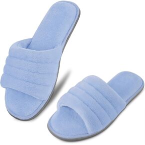 شبشب نسائي من DL مصنوع من الإسفنج الذكي مفتوح عند الأصابع مع بطانة مريحة من قماش تيري، سهل الارتداء في المنزل، صنادل سبا مع نعل مطاطي داخلي وخارجي، أزرق، 5-6 in Kuwait