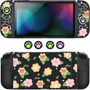 DLseego Grip Case Controller for Switch OLED Console 2021, Anti-Slip Shock-Absorption Protective Soft Bear Case with 4 PCS Comfortable Thumb Grips Caps for Joycon Controllers - Pink