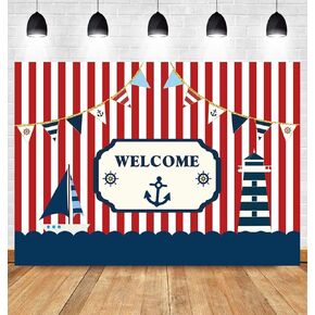 Fanghui 7x5ft Nautical Theme Party Photography Backdrop Red White Striped Marine Voyage Boat Background Decoration Kids Boy Birthday Party Navigation Lighthouse Banner Supplies Photobooth Props Decor