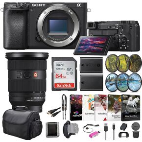 Sony a6400 Mirrorless Camera ILCE-6400/B, Sony FE 24-70mm Lens, Filter Kit, Bag, 64GB Card, NPF-W50 Battery, Card Reader, Corel Photo Software, HDMI Cable, Flex Tripod, Hand Strap, and More