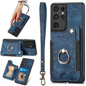 S21 Ultra Case,Card Holder Wallet for Galaxy S21 Ultra Case,Magnetic,Ring Holder Stand,RFID-Blocking,Wrist Strap,Camera Protector,Leather Protective Flip Cover for Samsung S21 Ultra Case (Purple)