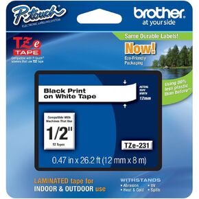 Genuine Brother 1/2" (12mm) Black on White TZe P-touch Tape for Brother PT-1100, PT1100 Label Maker