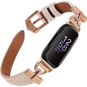 Leather Bands Compatible with Fitbit Inspire 3 Bands, Replacement D-Shaped Watch Straps Soft Wristband for Fitbit Inspire 3 Fitness Tracker Women&Men (Beige/Rose Gold)