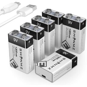 9V Rechargeable Batteries, 1300mAh High Capacity Lithium-ion Long Lasting 9 Volt Batteries with 2 in 1 USB C Fast Charging Cable for Smoke Detector,Alarms,Microphone,Metal Detector Multimeters-4 Pack