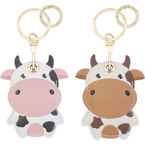 2 Pack Cute Cow Airtag Leather Keychain Holder Case, Kawaii Cow Key Ring Cover for Apple Airtag for Women Girls