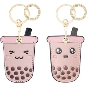 2 Pack Airtag Leather Keychain Holder Case, Cute Boba Milk Tea Key Ring Cover for Apple Airtag for Women Girls