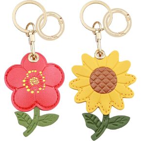 Cute Airtag Flower Keychain Holder 2 Pack, Kawaii Sunflower Leather Key Ring Case for Apple Airtag for Women Girls