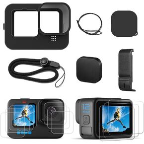 Silicone Sleeve Case Black for Go Pro Hero 12 / Hero 11 / Hero 10 / Hero 9 Black, Battery Side Cover Screen Protectors Lens Caps Lanyard for GoPro Hero 12/11/10/9 Black Action Camera Accessories Kit