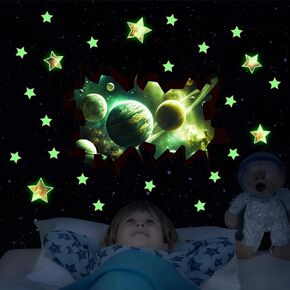 Glow in The Dark Space Wall Decals, Peel and Stick Stars and Planets for Ceiling, Galaxy Wall Stickers for Kids Boys Room (Blue）
