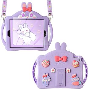 WESADN for iPad 9th Generation Case iPad 8th 7th Generation Cases 10.2 inch for Kids Girls with Screen Protector Shoulder Strap Kickstand Cute Rabbit Silicone Cover for iPad 10.2 Case Pink