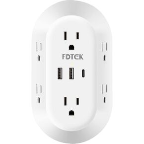 USB Wall Charger, FDTEK Surge Protector 6 Outlet Power Strip Multi Plug Outlet with USB-C Charging Ports, 3-Sided Outlet Splitter Wall Plug Adapter for Home Office Travel