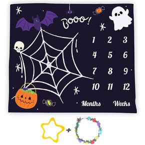 Halloween Theme Baby Monthly Milestone Blanket, 48x40in Soft Flannel, Ghost and Pumpkin Skull Background, Newborn Mom Gifts, Baby Shower Age Growth Tracker with Bonus Maker BTWYFS104