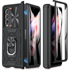 Caka for Z Fold 3 Case, Galaxy Z Fold 3 Case with Slide Camera Lens Cover, Built-in Kickstand Ring Holder Tempered Glass Screen Protector, Magnetic Case for Samsung Z Fold 3 5G (Black)