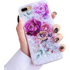 Qokey Case for iPhone 8 Plus/ 7 Plus 5.5 inch Flower Cute Cover for Women Girls 360 Degree Rotating Ring Stand Kickstand Soft TPU Shockproof Rose Butterfly