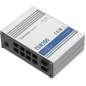 Teltonika TSW200000010 Model TSW200 Industrial Unmanaged POE+ Switch, 8X PoE Ports, 8 x Ethernet Ports, Rugged Aluminum Housing, 2 SFP Ports for Long-Range Fiber-Optic, 20 Gbps Bandwidth Non-Blocking