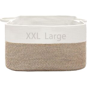 Large Laundry Hamper Basket for Organizing | Cotton Rope Woven Storage Basket with Handles | Blanket Basket for Living Room for Storage Towels, Toy Organization, Clothes-22x15x12"-White/Brown