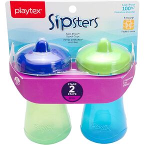 Playtex Baby Sipsters Stage 2 Hard Spout Cups, Purple/Green, Green/Blue, 9 Oz, 2 Count - Spill-Proof and Leak-Proof