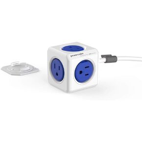 Allocacoc, PowerCube |Extended|, 5 outlets, 5 feet cable, Mounting dock, Surge Protection, Childproof Sockets, ETL Certified (Blue)