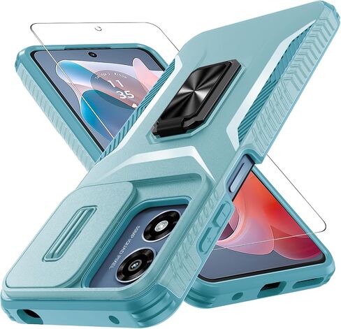 for Motorola Moto G Play 2024 Case with Tempered Glass Screen Protector and Camera Lens Cover,Rotated Ring Stable Kickstand,Heavy Duty Shockproof Protective Phone Cover-Mint Green in Saudi Arabia