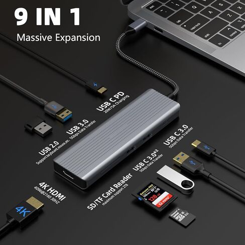 محطة إرساء، موزع TOTU 9 في 1 USB-C، يتميز بشاشة HDMI 4K، 2 * USB 3.0 Type-A، 2 * USB 2.0 Type-A، منفذ نقل بيانات USB-C، SD/TF، ​​USB C PD سريع منافذ USB، وصول للتخزين، للأجهزة من النوع C in Kuwait