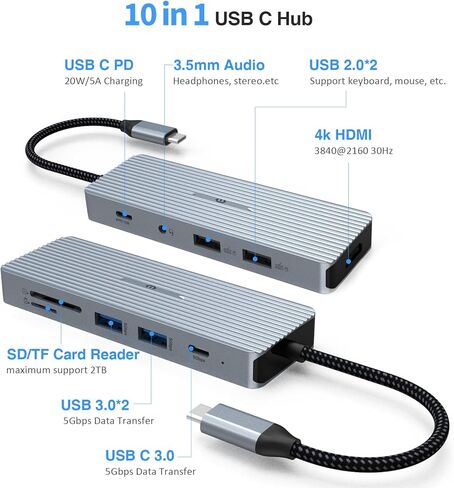 موزع USB C، موزع TOTU صغير الحجم 10 في 1 USB-C يوفر مرئيات HDMI مذهلة بدقة 4K، ومنافذ USB 3.0 مزدوجة لنقل الملفات بسرعة تصل إلى 5 جيجابت في الثانية، وقارئ بطاقات SD/TF، ​​وشحن USB-C PD موثوق in Kuwait