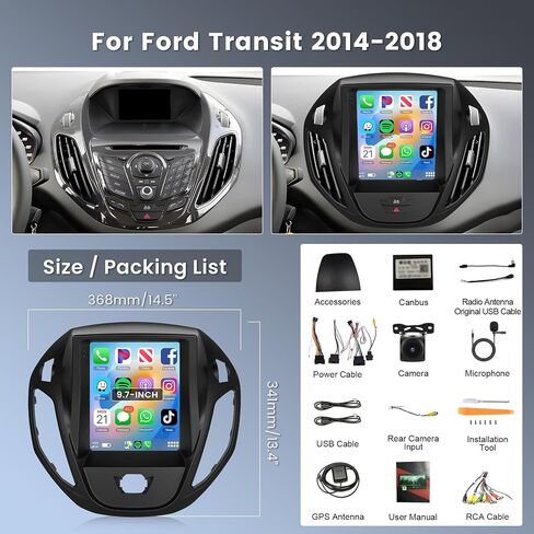Android Car Stereo for Ford Transit 2014-2018,Wireless Carplay Android Auto Car Radio,2G+64G 9.7'' Touch Screen Head Unit Bluetooth GPS Navigation Mirror Link Hi-Fi FM USB WiFi AHD Backup Camera SWC in Saudi Arabia