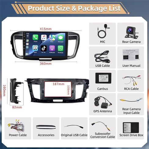 Podofo 8 Core Car Stereo Radio for Honda Accord 9th 2.4L 2013-2016 with Wireless CarPlay Android Auto 10.1" Touch Screen Bluetooth Audio with GPS Navigation Mirror Link WiFi EQ RDS Hi-Fi Backup Camera in Saudi Arabia