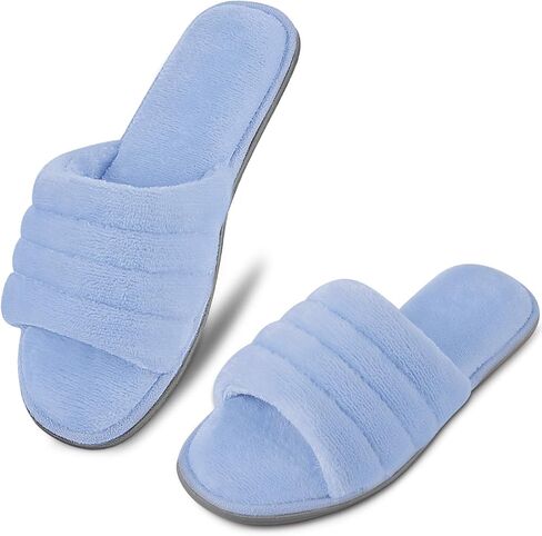 شبشب نسائي من DL مصنوع من الإسفنج الذكي مفتوح عند الأصابع مع بطانة مريحة من قماش تيري، سهل الارتداء في المنزل، صنادل سبا مع نعل مطاطي داخلي وخارجي، أزرق، 5-6 in Kuwait