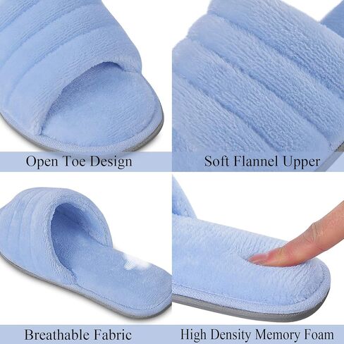 شبشب نسائي من DL مصنوع من الإسفنج الذكي مفتوح عند الأصابع مع بطانة مريحة من قماش تيري، سهل الارتداء في المنزل، صنادل سبا مع نعل مطاطي داخلي وخارجي، أزرق، 5-6 in Kuwait