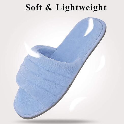 شبشب نسائي من DL مصنوع من الإسفنج الذكي مفتوح عند الأصابع مع بطانة مريحة من قماش تيري، سهل الارتداء في المنزل، صنادل سبا مع نعل مطاطي داخلي وخارجي، أزرق، 5-6 in Kuwait