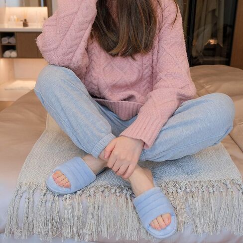 شبشب نسائي من DL مصنوع من الإسفنج الذكي مفتوح عند الأصابع مع بطانة مريحة من قماش تيري، سهل الارتداء في المنزل، صنادل سبا مع نعل مطاطي داخلي وخارجي، أزرق، 5-6 in Kuwait