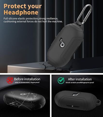 for Soundcore by Anker V30i Case Cover, Soft Silicone Protective Portable Scratch Shock Resistant Logo Visible Design Cover Compatible with Anker V30i Charging Case with Carabiner(Black) in Saudi Arabia
