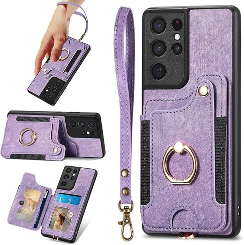S21 Ultra Case,Card Holder Wallet for Galaxy S21 Ultra Case,Magnetic,Ring Holder Stand,RFID-Blocking,Wrist Strap,Camera Protector,Leather Protective Flip Cover for Samsung S21 Ultra Case (Purple) in Saudi Arabia