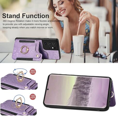 S21 Ultra Case,Card Holder Wallet for Galaxy S21 Ultra Case,Magnetic,Ring Holder Stand,RFID-Blocking,Wrist Strap,Camera Protector,Leather Protective Flip Cover for Samsung S21 Ultra Case (Purple) in Saudi Arabia