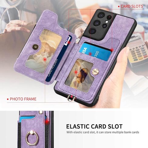 S21 Ultra Case,Card Holder Wallet for Galaxy S21 Ultra Case,Magnetic,Ring Holder Stand,RFID-Blocking,Wrist Strap,Camera Protector,Leather Protective Flip Cover for Samsung S21 Ultra Case (Purple) in Saudi Arabia