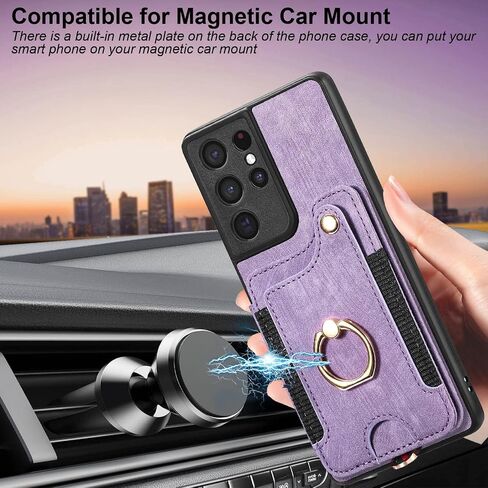 S21 Ultra Case,Card Holder Wallet for Galaxy S21 Ultra Case,Magnetic,Ring Holder Stand,RFID-Blocking,Wrist Strap,Camera Protector,Leather Protective Flip Cover for Samsung S21 Ultra Case (Purple) in Saudi Arabia