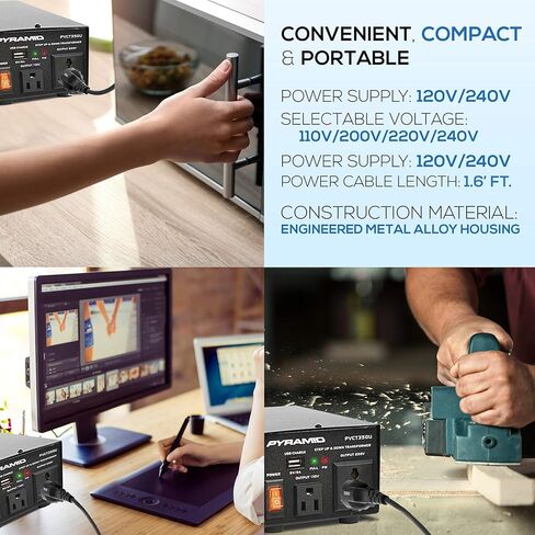 محول هرمي للأعلى والأسفل - محول جهد 350 وات مع منفذ شحن USB، محول طاقة المملكة المتحدة، تيار متردد 110/120 إلى 220/240 فولت بالعكس، 110 فولت/120 فولت/220 فولت/240 فولت جهد الإدخال PVCT350U in Kuwait