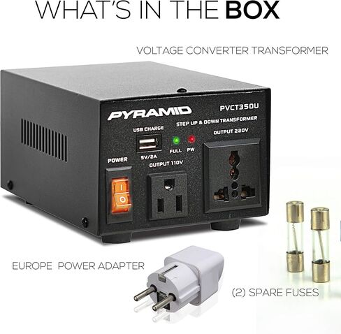 محول هرمي للأعلى والأسفل - محول جهد 350 وات مع منفذ شحن USB، محول طاقة المملكة المتحدة، تيار متردد 110/120 إلى 220/240 فولت بالعكس، 110 فولت/120 فولت/220 فولت/240 فولت جهد الإدخال PVCT350U in Kuwait