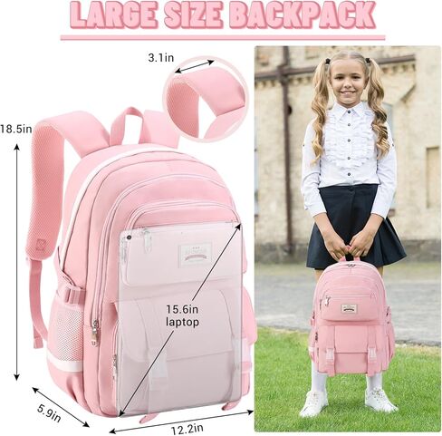 حقائب ظهر مدرسية من SCIONE للفتيات المراهقات - حقائب ظهر للكمبيوتر المحمول باللون الوردي مقاس 15.6 بوصة حقيبة الكتب الابتدائية للكلية المتوسطة وحقائب السفر النهارية للمراهقات والفتيات والطالبات in Kuwait