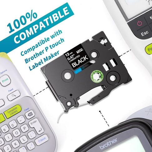 شريط Unistar TZe Tz 12 مم 0.47 أبيض مصفح على بديل أسود لشريط Brother P Touch Label Tape Tze-335 Tz لشريط Brother PT-D210 H110 D220 D410 D600 عبوات صانع الملصقات in Kuwait