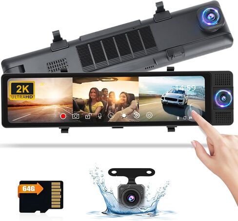 Hikity 10.8 Inch 3 Channel Mirror Dash Cam for Cars, 2K Front Camera, 1080P Inside and Rear View Camera, WiFi Video, App Control, G-Sensor, 24H Parking Monitor, Guide Line, 64G TF Card, Black in Saudi Arabia