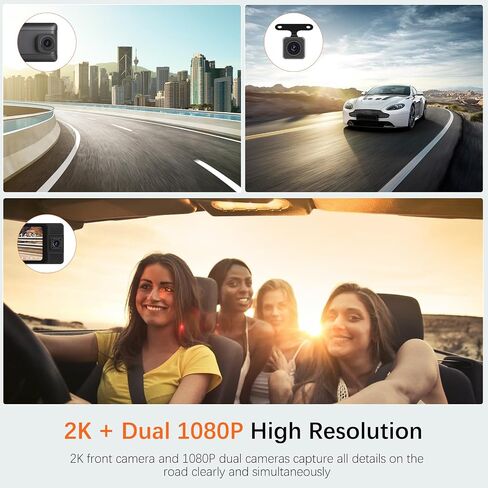 Hikity 10.8 Inch 3 Channel Mirror Dash Cam for Cars, 2K Front Camera, 1080P Inside and Rear View Camera, WiFi Video, App Control, G-Sensor, 24H Parking Monitor, Guide Line, 64G TF Card, Black in Saudi Arabia
