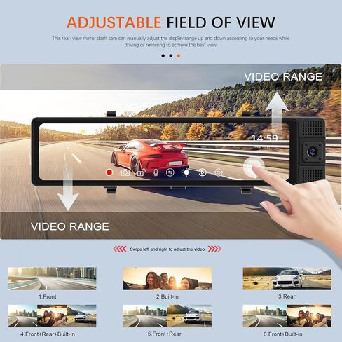 Hikity 10.8 Inch 3 Channel Mirror Dash Cam for Cars, 2K Front Camera, 1080P Inside and Rear View Camera, WiFi Video, App Control, G-Sensor, 24H Parking Monitor, Guide Line, 64G TF Card, Black in Saudi Arabia