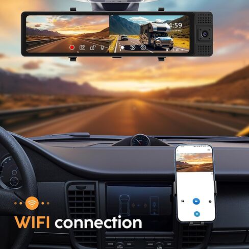 Hikity 10.8 Inch 3 Channel Mirror Dash Cam for Cars, 2K Front Camera, 1080P Inside and Rear View Camera, WiFi Video, App Control, G-Sensor, 24H Parking Monitor, Guide Line, 64G TF Card, Black in Saudi Arabia