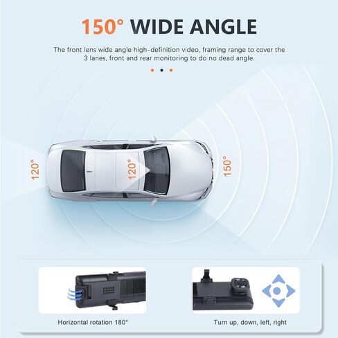Hikity 10.8 Inch 3 Channel Mirror Dash Cam for Cars, 2K Front Camera, 1080P Inside and Rear View Camera, WiFi Video, App Control, G-Sensor, 24H Parking Monitor, Guide Line, 64G TF Card, Black in Saudi Arabia