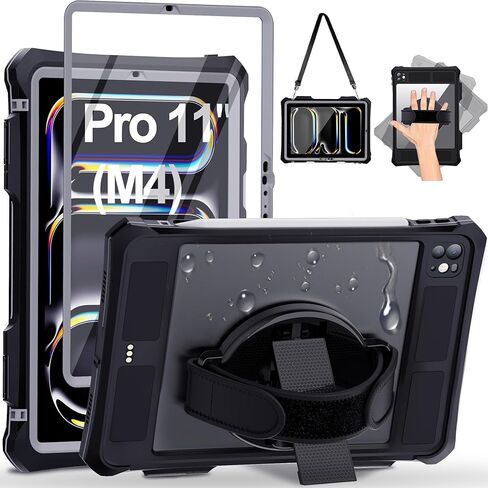 حافظة لجهاز iPad Pro 11 بوصة 2024 الجيل الخامس مع واقي شاشة، حافظة مقاومة للماء لجهاز iPad Pro 11 M4 2024 مع حامل أقلام وحامل وحزام كتف ومقبض، غطاء متين لكامل الجسم، أسود in Kuwait