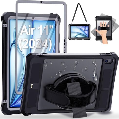 حافظة لجهاز iPad Pro 11 بوصة 2024 الجيل الخامس مع واقي شاشة، حافظة مقاومة للماء لجهاز iPad Pro 11 M4 2024 مع حامل أقلام وحامل وحزام كتف ومقبض، غطاء متين لكامل الجسم، أسود in Kuwait
