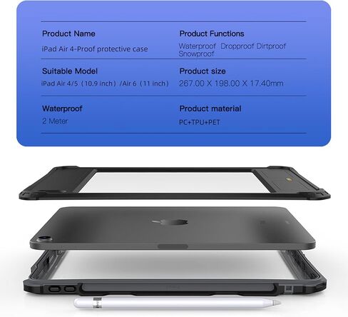 حافظة لجهاز iPad Pro 11 بوصة 2024 الجيل الخامس مع واقي شاشة، حافظة مقاومة للماء لجهاز iPad Pro 11 M4 2024 مع حامل أقلام وحامل وحزام كتف ومقبض، غطاء متين لكامل الجسم، أسود in Kuwait